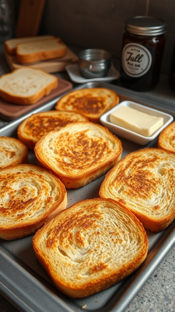 Crispy toasted bread slices on a baking sheet, with jam and butter in the background.